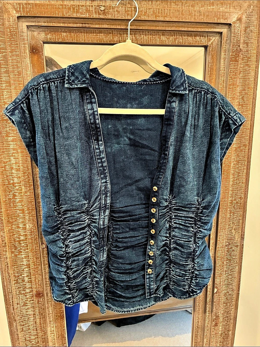 Anthropologie Ruched Denim Button Front Top in Blue